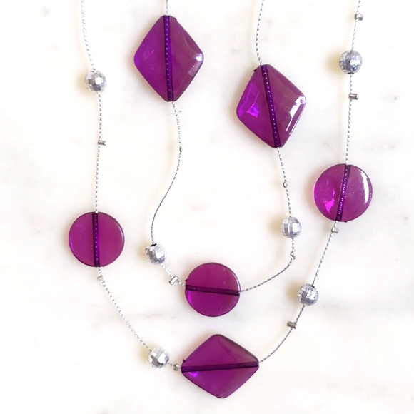 NWOT. Two Strands of Circle/Diamond Shape Purple w/Silver Beads Design Necklace. - Picture 2 of 3